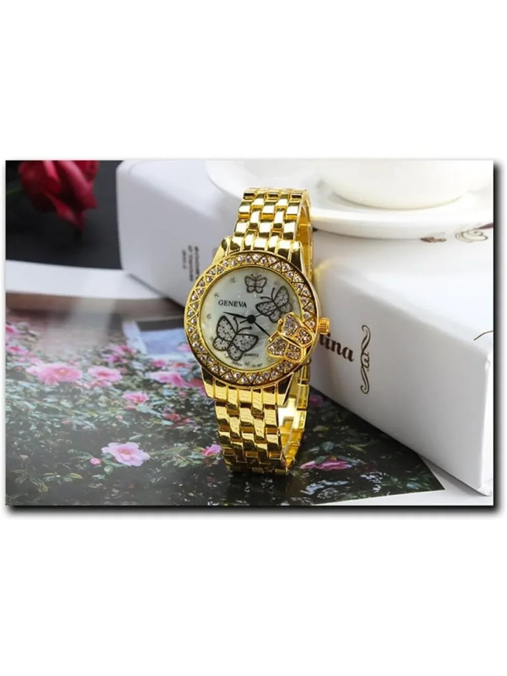 Women's Gold Analog Quartz Butterfly Fashion Steel Band Cuff Bangle Wrist Watch